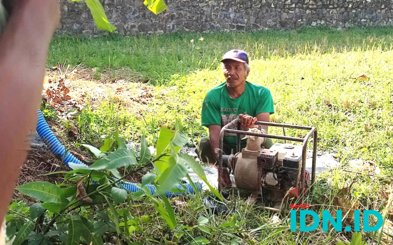 Yadi tengah memasang pompa diesel sedot air di lahan miliknya. Mengambil air dari sumur yang dibuat di pinggiran sawah, 20 September 2024. (Foto: Al Ahmadi/BeritaIDN)