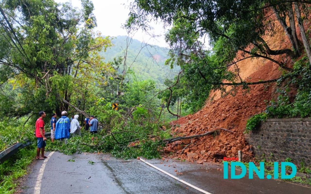 Kondisi jalan yang tertimbun longsoran tanah tebing di jalur Provinsi di wilayah Pacitan. (Foto: Al Ahmadi/BeritaIDN)