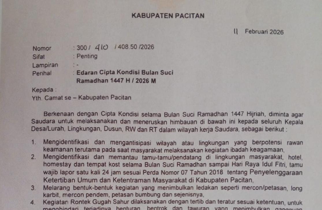 Surat Edaran Pemerintah Kabupaten Pacitan tentang Cipta Kondisi Bulan Suci Ramadan 1447 H/2026 M yang ditujukan kepada seluruh camat se - Kabupaten Pacitan, Selasa, 11 Februari 2026. (Foto: Dokumen Pemkab Pacitan)